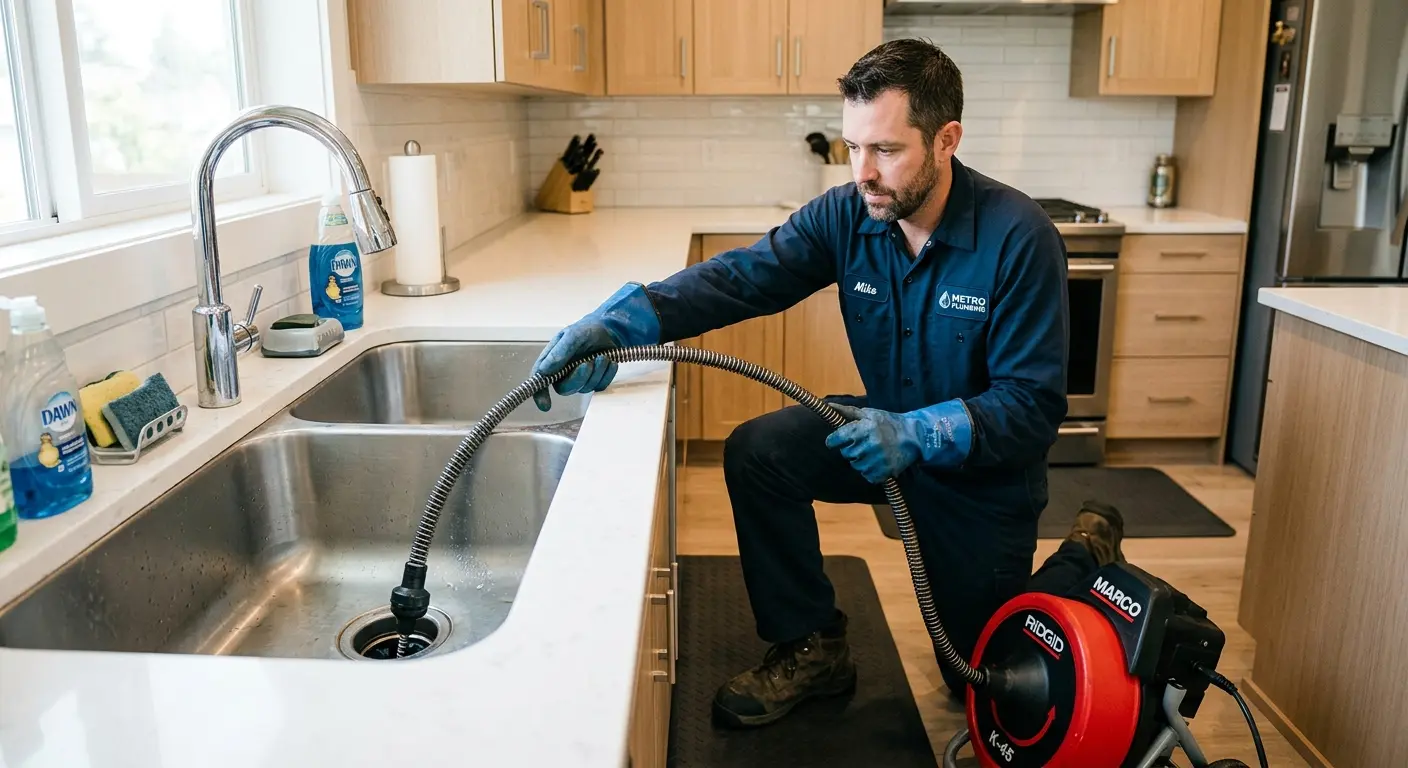 Drain cleaning technician using a motorized snake on a kitchen sink in Clarksburg