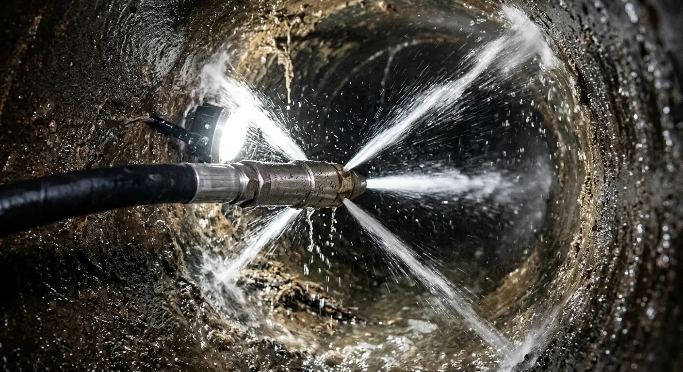 High-pressure hydro jetting nozzle cleaning sewer pipe for Storm Drain Cleaning in Clarksburg