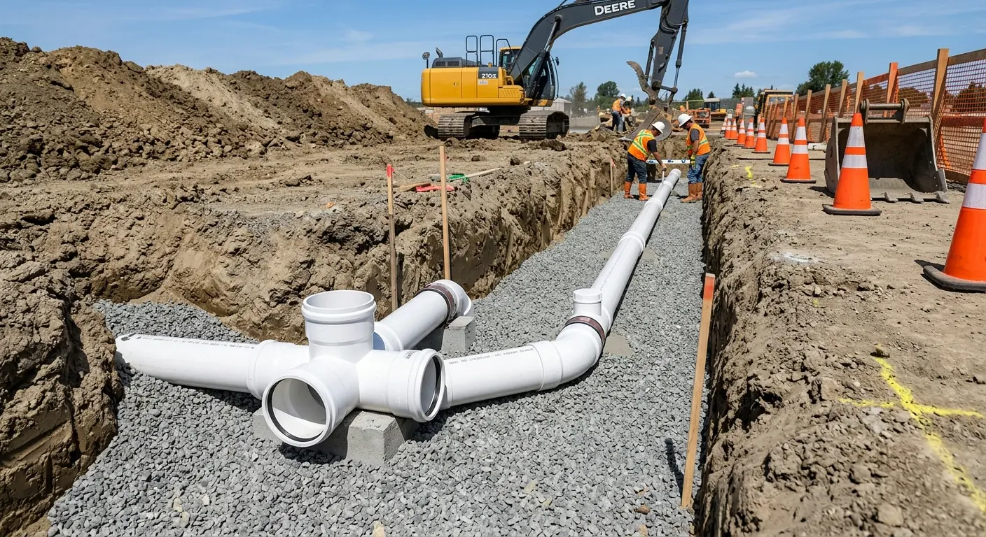 New PVC sewer pipe installation in open trench for Sewer Backup in Clarksburg